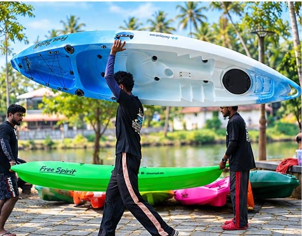 Bond Safari team members lifting a blue and white kayak overhead beside a backwater, with more kayaks on the ground