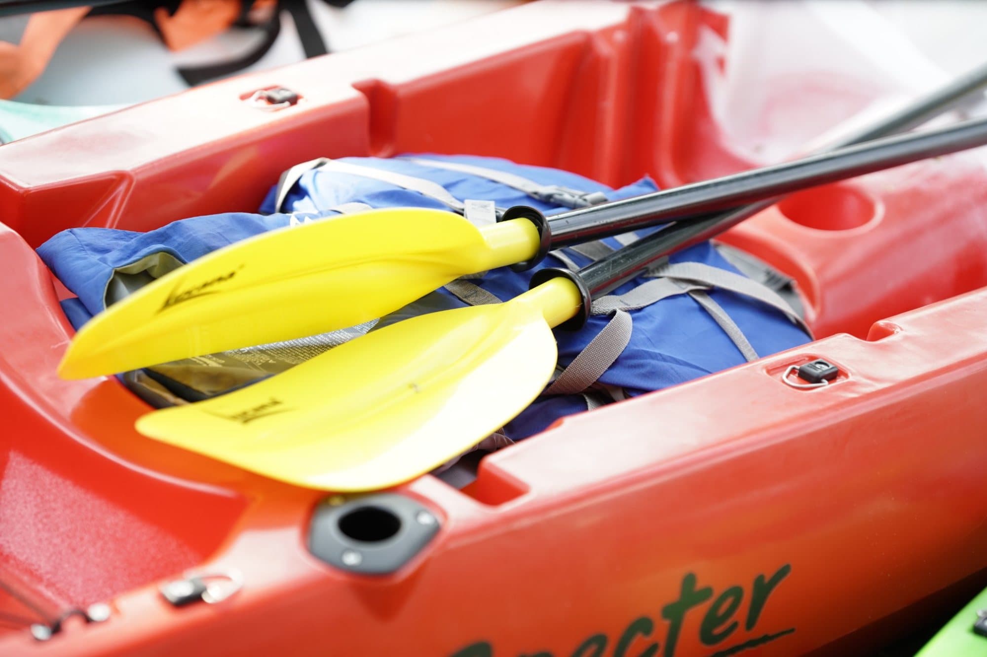 Close-up of two yellow kayak paddles resting on a blue buoyancy aid inside a red kayak
