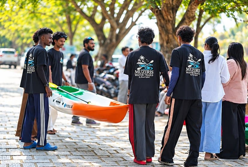 Team members in Muziris Water Trails by Bond Safari T-shirts gathered around a green, white and orange kayak